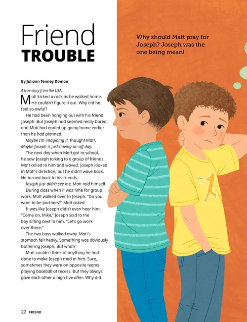 Page PDF with illustrations of two boys standing back to back looking unsure while one of the boys is thinking about when they were friends, and the boy kneeling to pray by his bed