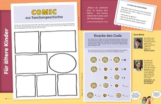 Artikel (PDF) mit leeren Feldern für einen Comic zur Familiengeschichte; eine Aktivität zum Zehnten, bei der man einen Code knackt