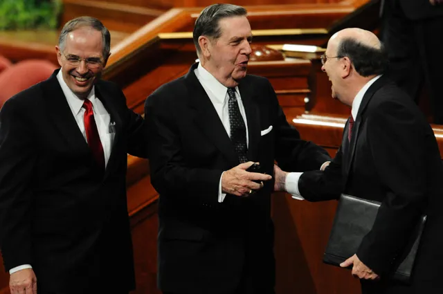Elder Quentin L. Cook (right) with Elder Jeffrey R. Holland (middle) and Elder Neil L. Andersen (left), during the October 2010 General Conference.