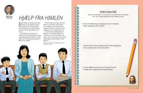 PDF-side af en familie, der sidder i kirken; plus en aktivitet med et slægtshistorisk interview