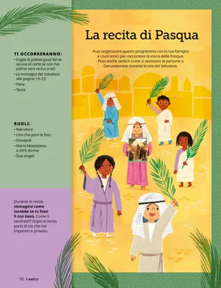 PDF della pagina con illustrazione di bambini vestiti con abiti biblici e con foglie di palma in mano