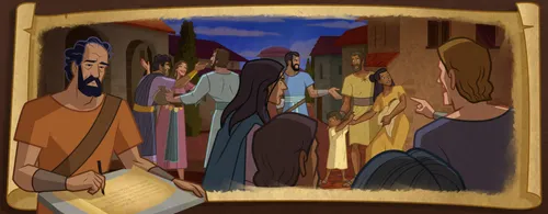 Paul writing a letter to people in Thessalonica.