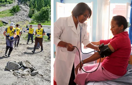 missionaries helping with cleanup; woman having blood pressure taken