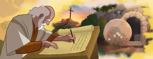 An ancient prophet writing on parchment.