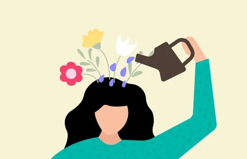 an illustration of a women watering flowers growing out of her head