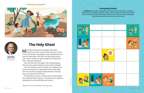 An illustration of children climbing out of a riverbed, plus a puzzle activity