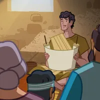 Timothy teaching a group of Saints about the gospel.