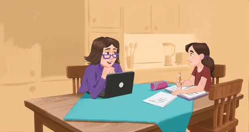 Mom and daughter sitting at their kitchen table; daughter has a book and pencil and Mom is using a laptop computer