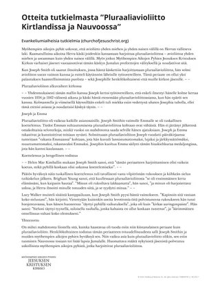 Otteita tutkielmasta ”Pluraaliavioliitto Kirtlandissa ja Nauvoossa”