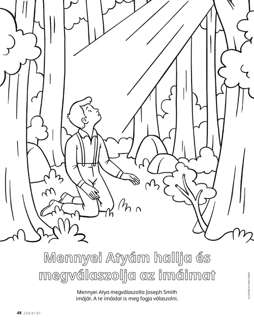 színező PDF változata a szent ligetben imádkozó Joseph Smithről