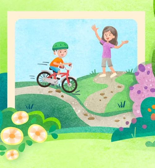 Boy riding down hill on bike while mom cheers him on