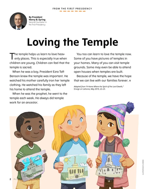 An illustration of three children holding pictures of different temples