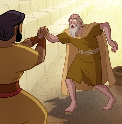 The man is healed by the power of God and is able to stand up.