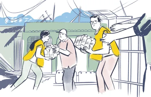 people handing out supplies