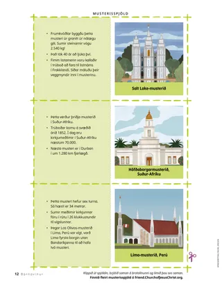 Þrjú spjöld til að klippa út með myndum af musteri á annarri hliðinni og skemmtilegum staðreyndum á hinni hliðinni