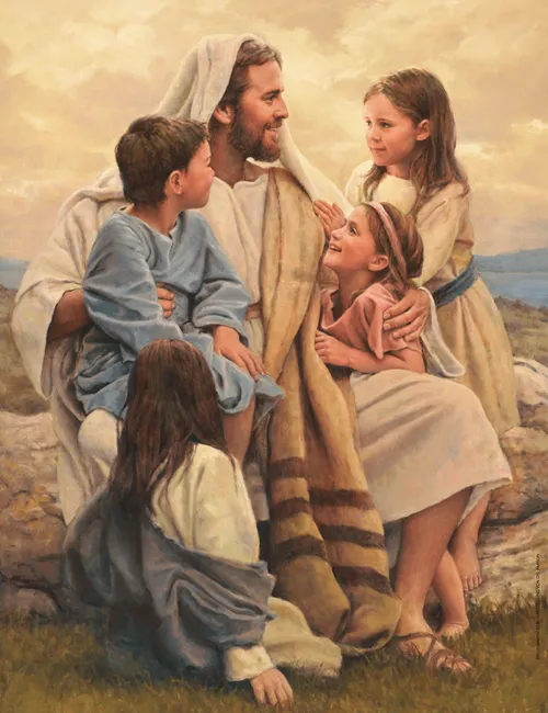 Jesus Christus lächelt Kinder an
