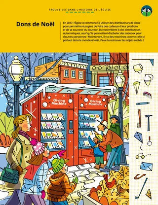 Page au format PDF d’une activité d’images cachées montrant des personnes devant des distributeurs de dons pendant la période de Noël