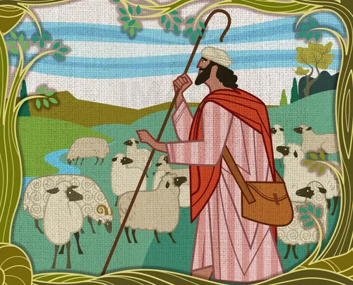 The shepherd leading his sheep.