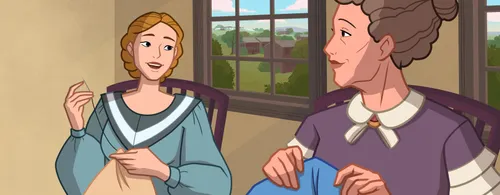 Margaret Cook and Sarah Kimball talking about the new temple being built in Nauvoo.