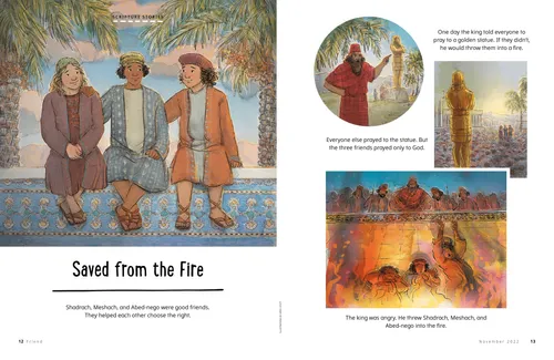 Page PDF with illustrations of three men and an angry king, and the three men unharmed in a fire