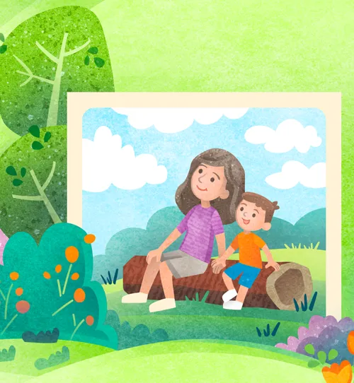 Mom and boy sitting on a log