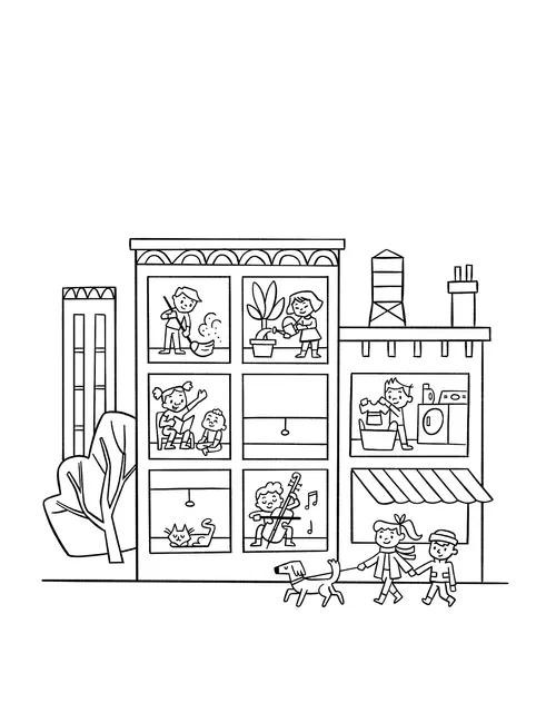 Coloring activity of an apartment building with people doing different activities
