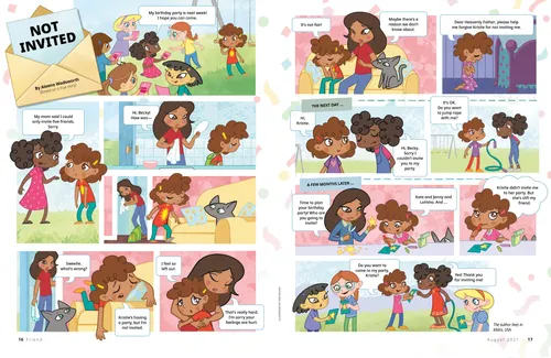 Comic-style story with illustrations of a girl outside with her friends, the girl crying at home, talking to her mom, praying, talking to her friend, and making party invitations