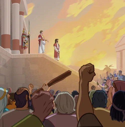 Jesus and Pilate stand in front of the crowd.