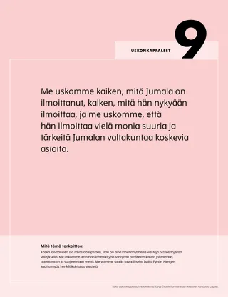 Julisteen PDF yhdeksännestä uskonkappaleesta selityksineen