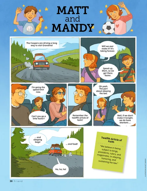 Page PDF of illustrations of Matt and Mandy and their parents riding in a car