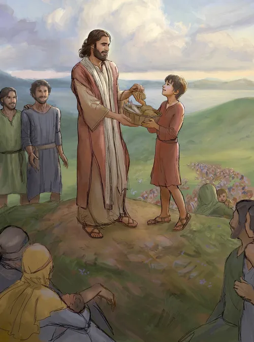 Boy with five loaves of bread and two fishes