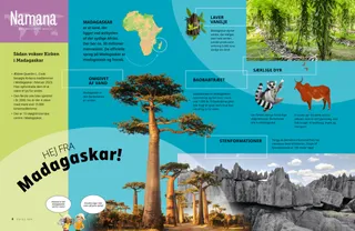 PDF-side med et lille kort over Afrika og billeder af baobabtræer, klippeformationer, vaniljeplanter, en lemur og en zebu