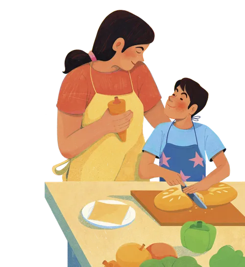 Illustration of Mom and boy cooking together