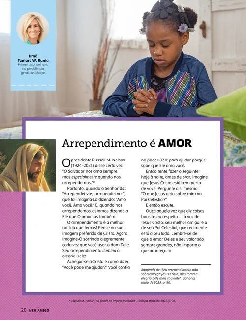 Página em PDF com a foto de uma menina orando, além de uma atividade com desenho de coração.