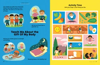 Page PDF with an activity showing healthy foods to eat and physical activities