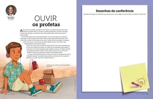 PDF de um menino usando fones de ouvido, além de uma atividade de desenho da conferência