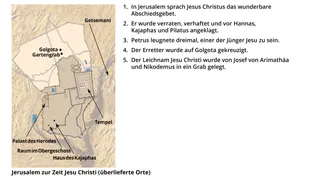 Eine Karte Jerusalems zur Zeit Jesu Christi, auf der die überlieferten Orte seines Leidens, seiner Verhandlung, seiner Kreuzigung und seines Begräbnisses eingezeichnet sind