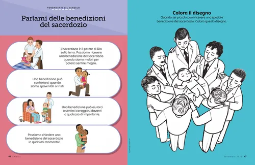 Illustrazioni raffiguranti due uomini che impartiscono una benedizione a una bambina a letto malata, un uomo che conforta una bambina che piange, un uomo che impartisce una benedizione a un bambino prima di andare a scuola,  un bambino che abbraccia un uomo, e una pagina da colorare con degli uomini che impartiscono una benedizione a un neonato
