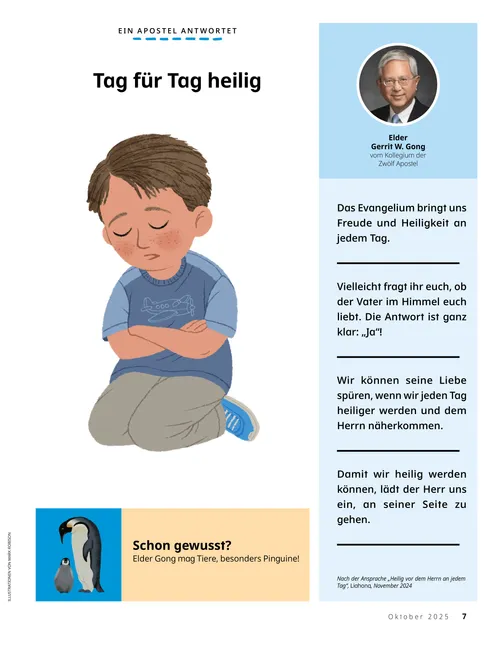 PDF: Ein Junge kniet und betet; ein ausgewachsener Pinguin und ein kleiner Pinguin