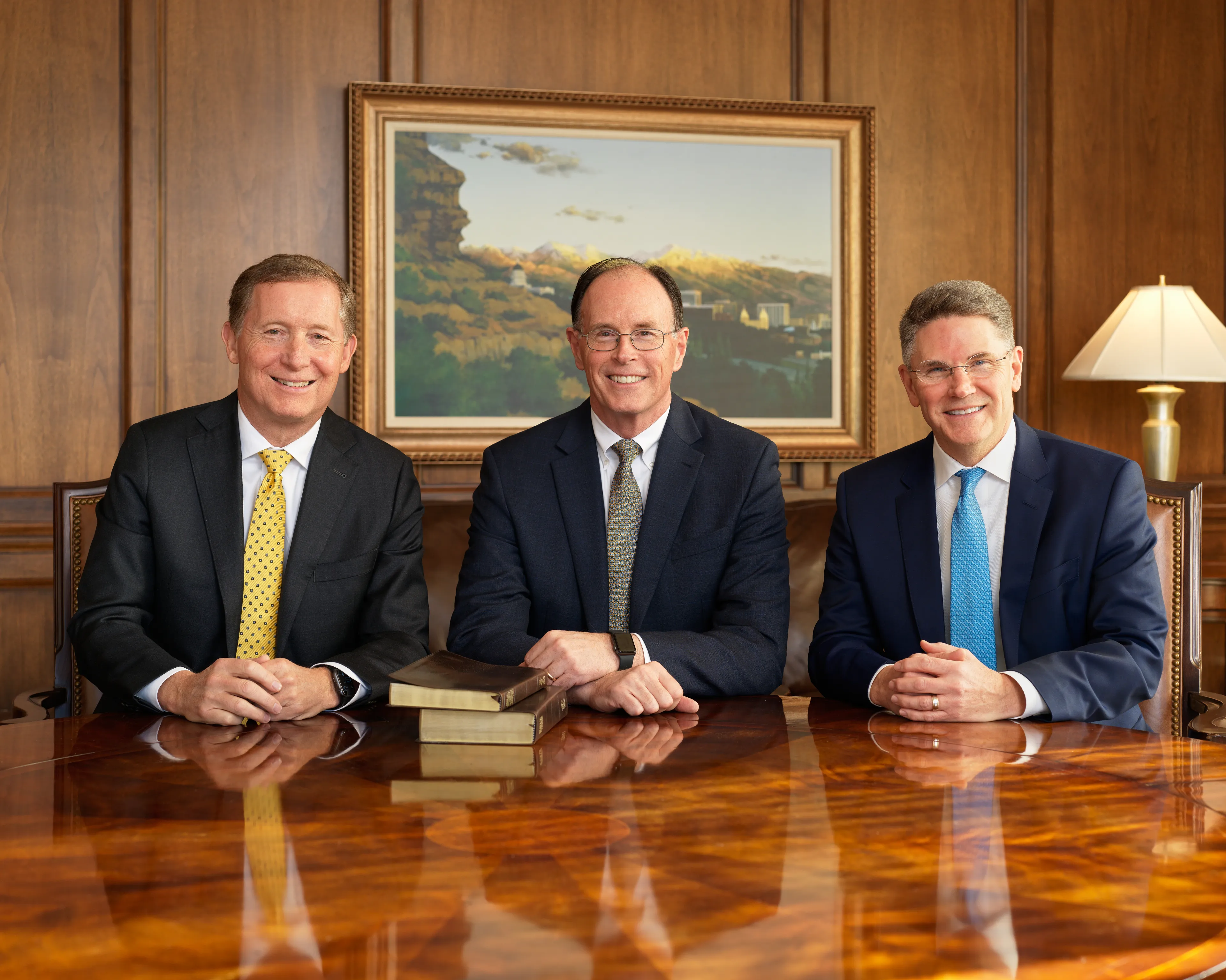 Bishop W. Christopher Waddell, Bishop L. Todd Budge, and Bishop Sean Douglas all take an official group portrait on December 4, 2025.