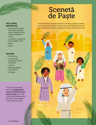 Pagină PDF cu ilustrații cu copii îmbrăcați în haine din vremea Bibliei și ținând frunze de finic.