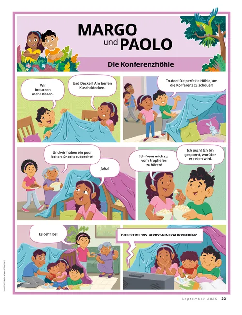 Illustrationen von Margo und Paolo, die aus Decken ein Zelt bauen und mit ihrer Familie die Generalkonferenz anschauen