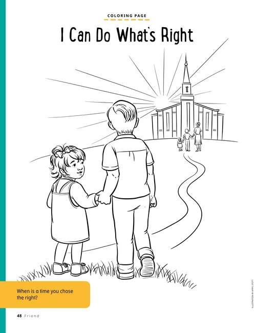 Coloring page of children on a pathway to a temple