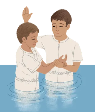 Illustration of Elder Kearon being baptized