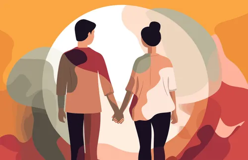 an illustration of a young couple walking through a smoky, clouded world