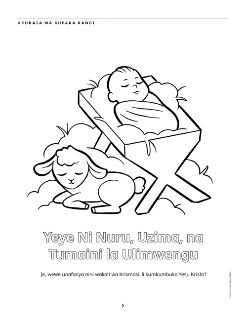 Ukurasa PDF wa kupaka rangi wa mtoto Yesu akiwa horini na mwana kondoo