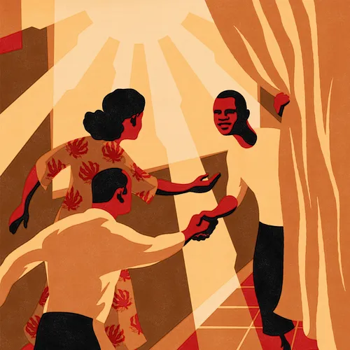 illustration of a couple visiting a brother at his home