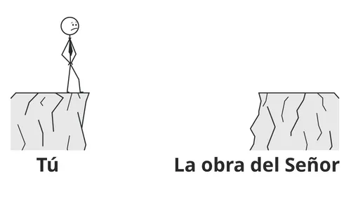 figura de palitos de pie sobre un precipicio con un espacio entre ella y el otro lado, rotulado “La obra del Señor”