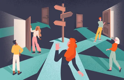 an illustration of confused people looking at conflicting signs and wondering where to go