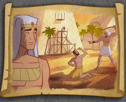 Moses observing an Egyptian mistreating an Israelite.